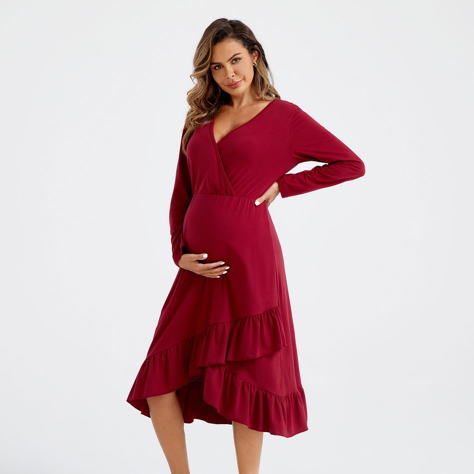 Maternity Ruffle Hem Red Long-sleeve Dress Burgundy big image 5