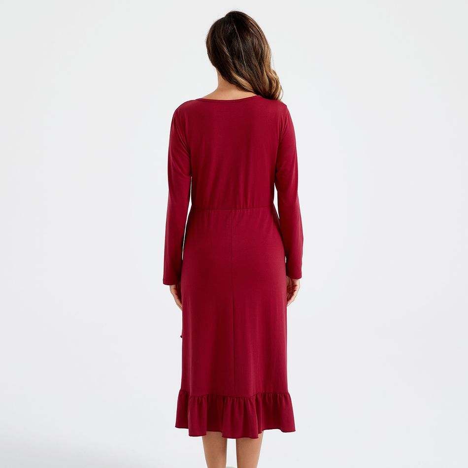 Maternity Ruffle Hem Red Long-sleeve Dress Burgundy big image 6