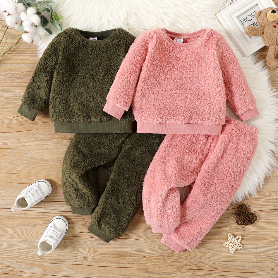 2pcs Baby Boy/Girl Thermal Fuzzy Long-sleeve Pullover and Pants Set Pink big image 2
