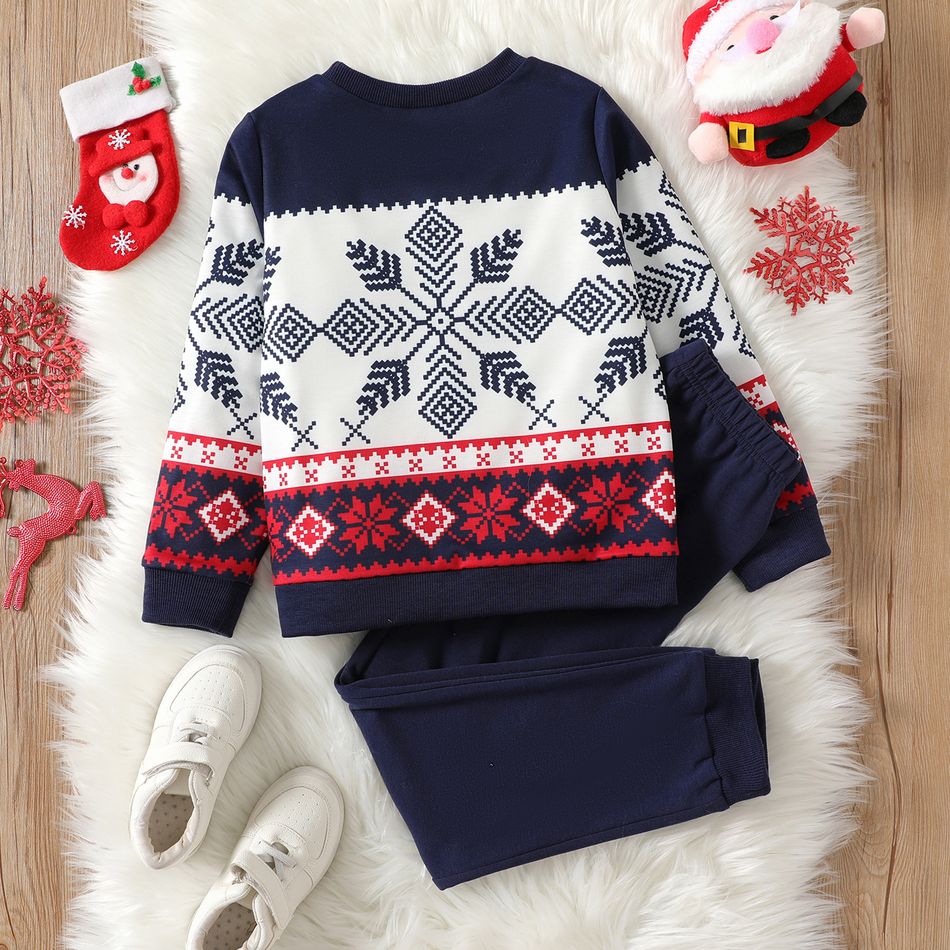 2pcs Kid Boy Christmas Snowflake Print Sweatshirt and Elasticized Pants Set Dark Blue big image 2