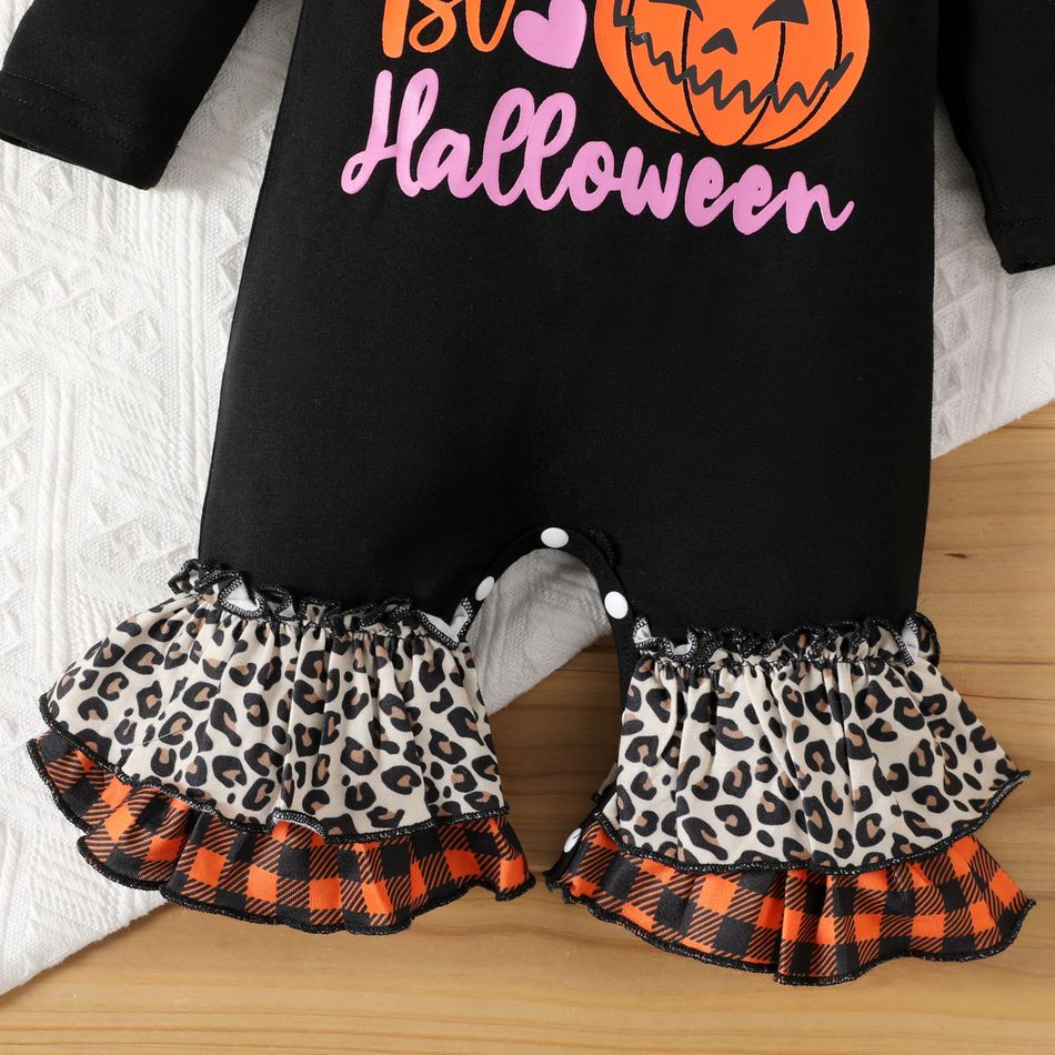 Halloween Baby Girl Plaid & Leopard Print Ruffle Trim Long-sleeve Layered Bell Bottom Graphic Jumpsuit Black big image 3