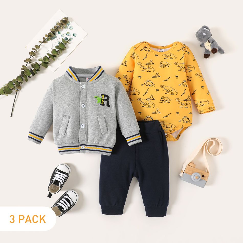 3-Pack Baby Boy Allover Dinosaur Print Long-sleeve Romper and Button Front Bomber Jacket with Solid Sweatpants Set Multi-color big image 1