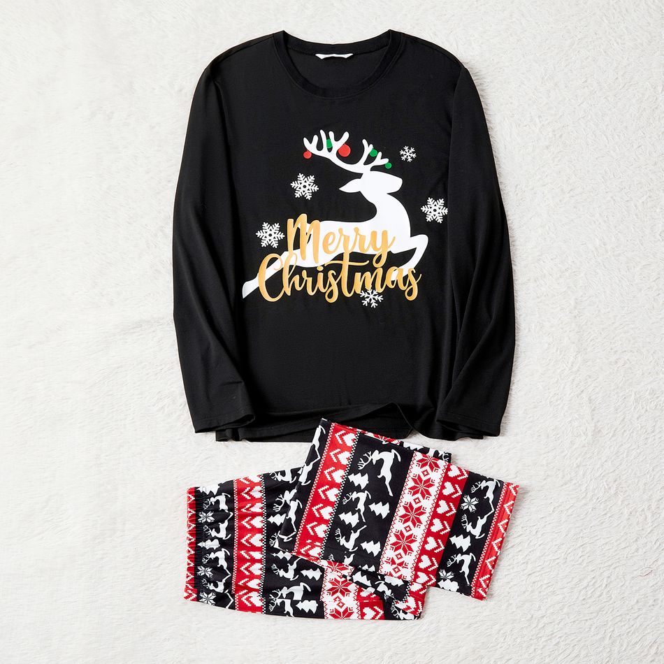 Christmas Family Matching Deer & Letter Print Black Long-sleeve Pajamas Sets (Flame Resistant) Black big image 6