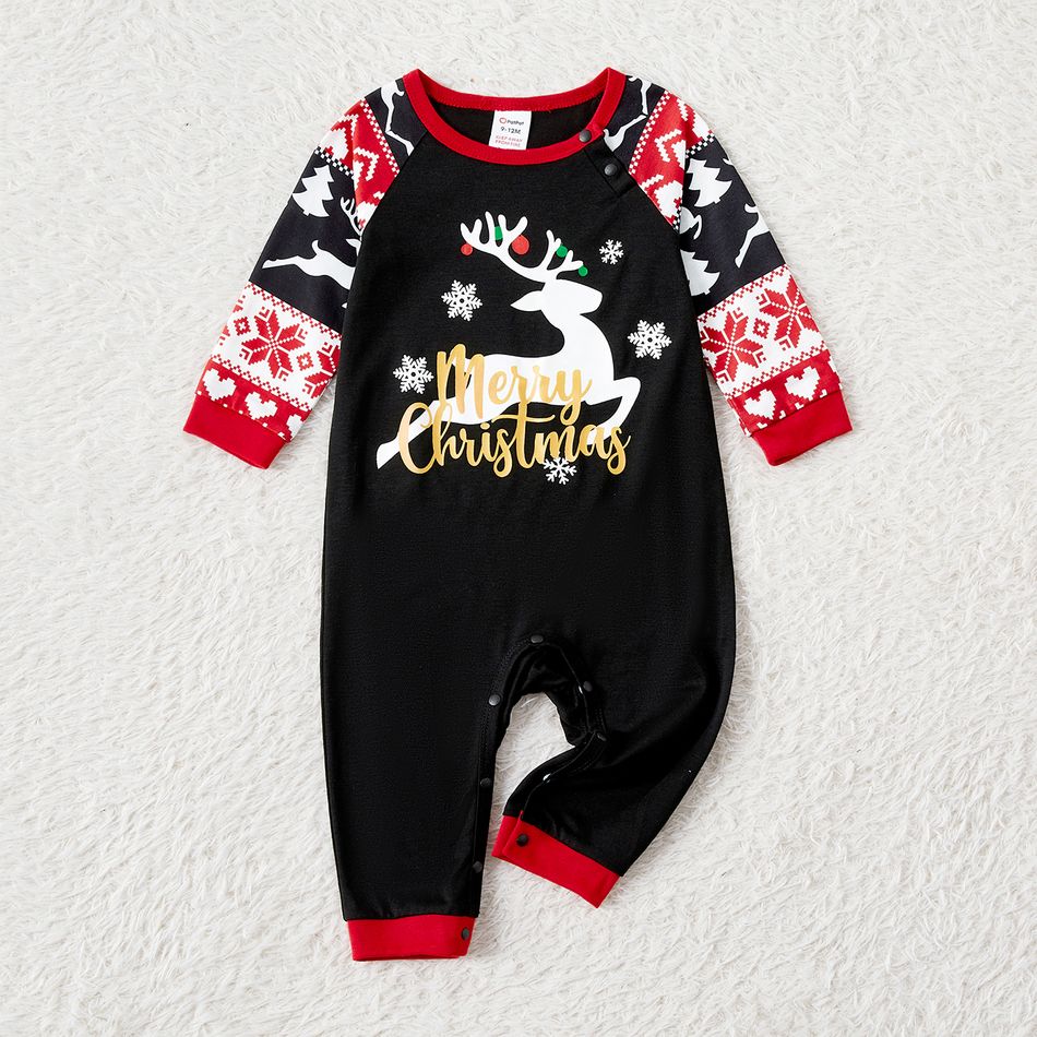 Christmas Family Matching Deer & Letter Print Black Long-sleeve Pajamas Sets (Flame Resistant) Black big image 14