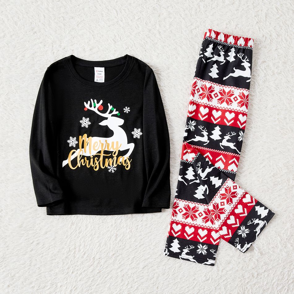 Christmas Family Matching Deer & Letter Print Black Long-sleeve Pajamas Sets (Flame Resistant) Black big image 13