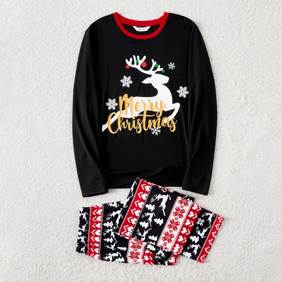 Christmas Family Matching Deer & Letter Print Black Long-sleeve Pajamas Sets (Flame Resistant) Black big image 12