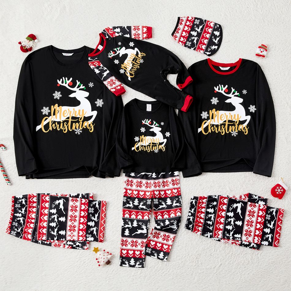 Christmas Family Matching Deer & Letter Print Black Long-sleeve Pajamas Sets (Flame Resistant) Black big image 3