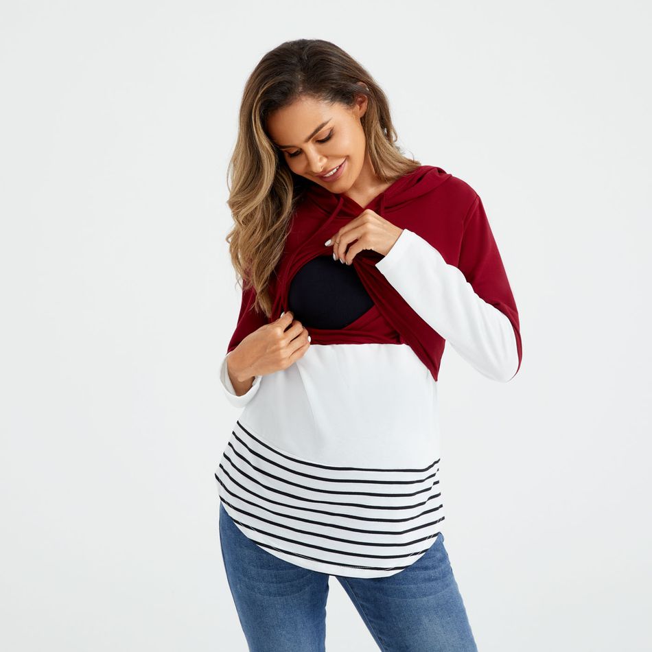 Nursing Color Block Striped Long-sleeve Drawstring Hooded Sweatshirt Burgundy