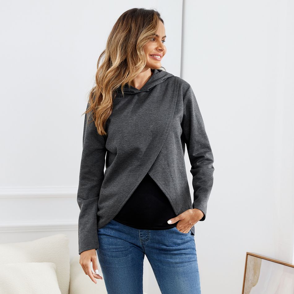 Maternity Criss Cross Front Long-sleeve Hooded Pullover Grey big image 7