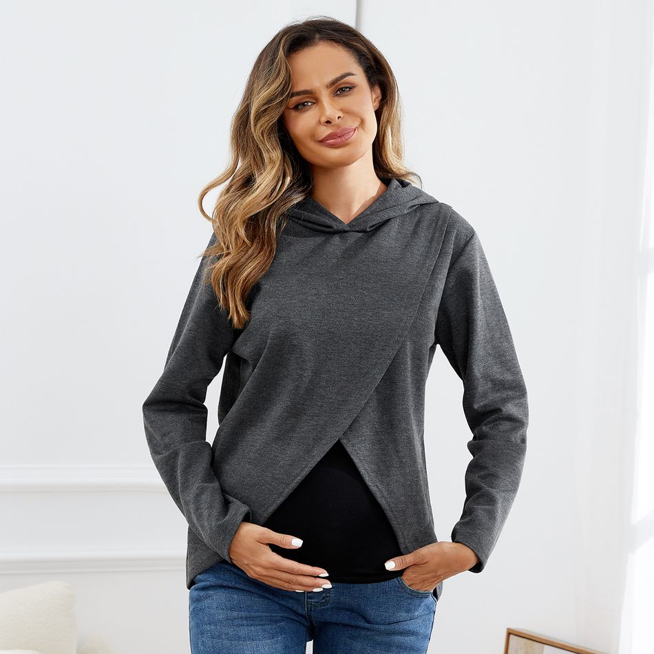 Maternity Criss Cross Front Long-sleeve Hooded Pullover Grey big image 6