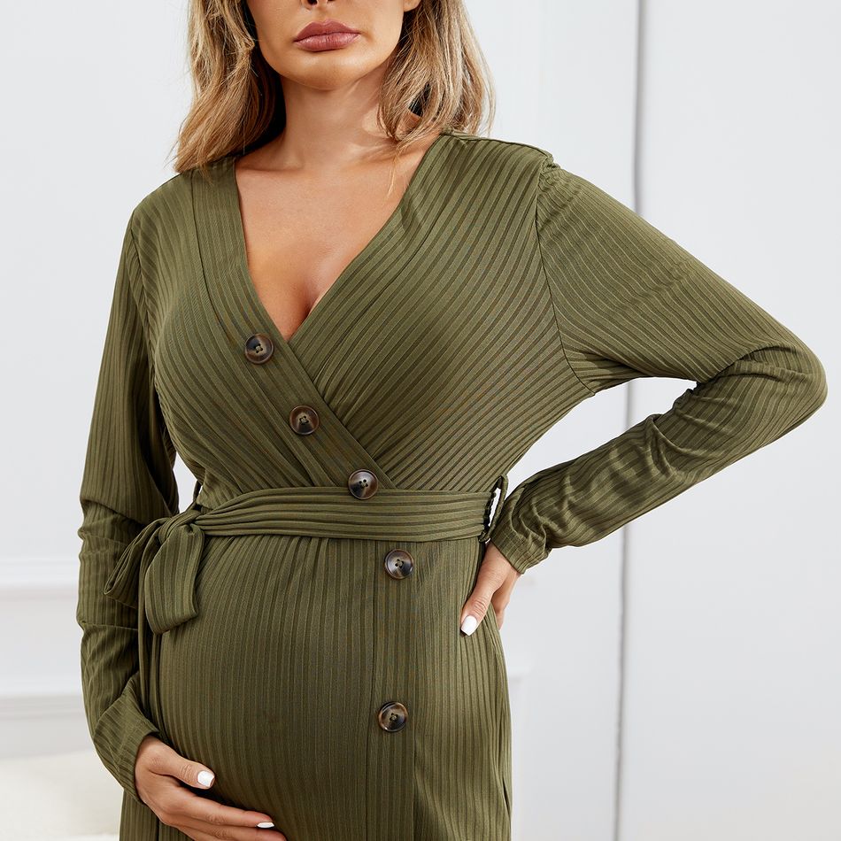 Maternity Oblique Button Long-sleeve Belted Ribbed Bodycon Dress Army green big image 4