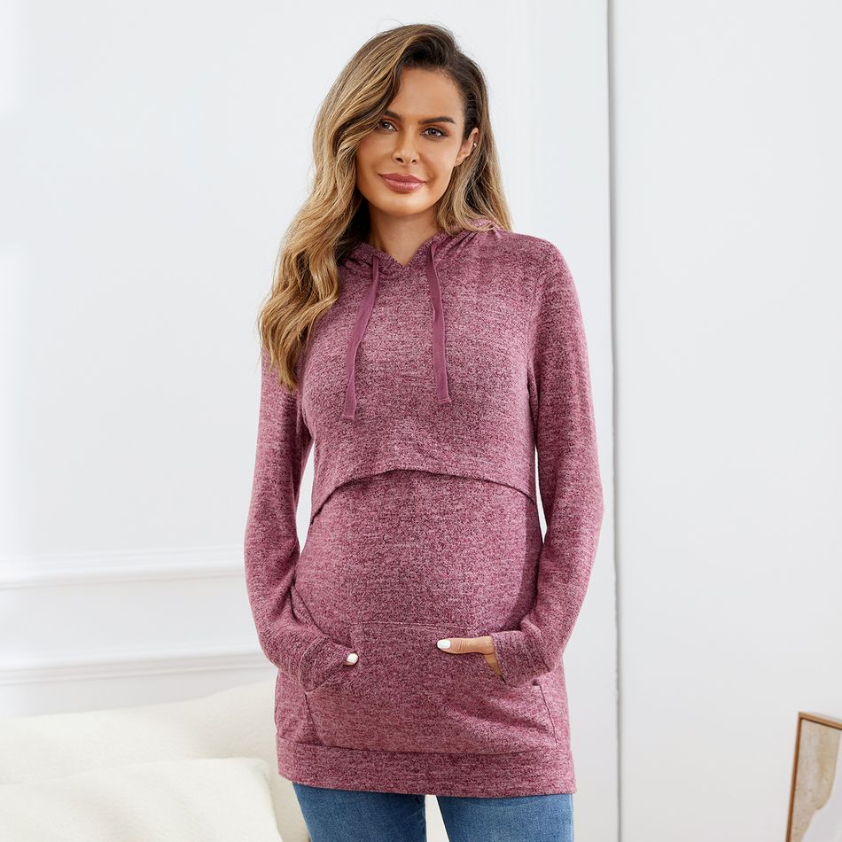Nursing Solid Kangaroo Pocket Drawstring Hoodie Deep Magenta big image 2