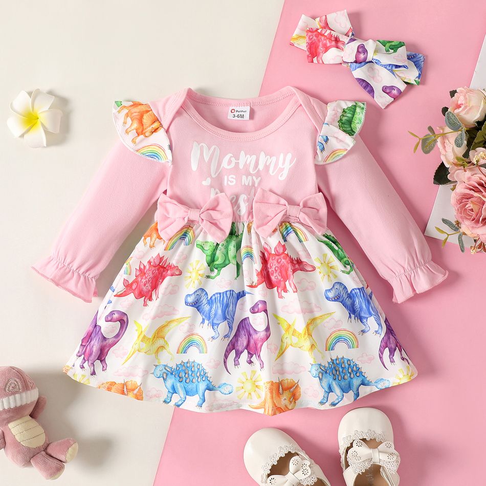 2pcs Baby Girl 95% Cotton Ruffle Trim Long-sleeve Letter & Dinosaur Print Spliced Dress with Headband Set Pink