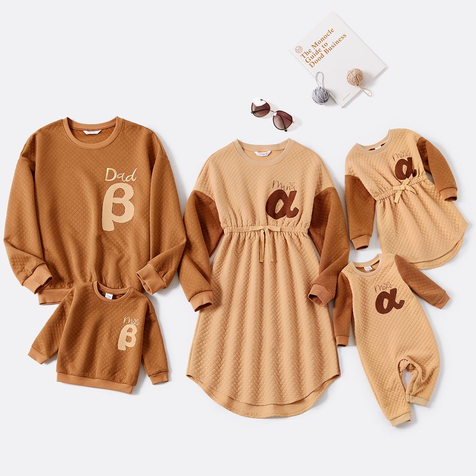 Family Matching Letter Embroidered Colorblock Textured Drop Shoulder Long-sleeve Dresses and Sweatshirts Sets ColorBlock