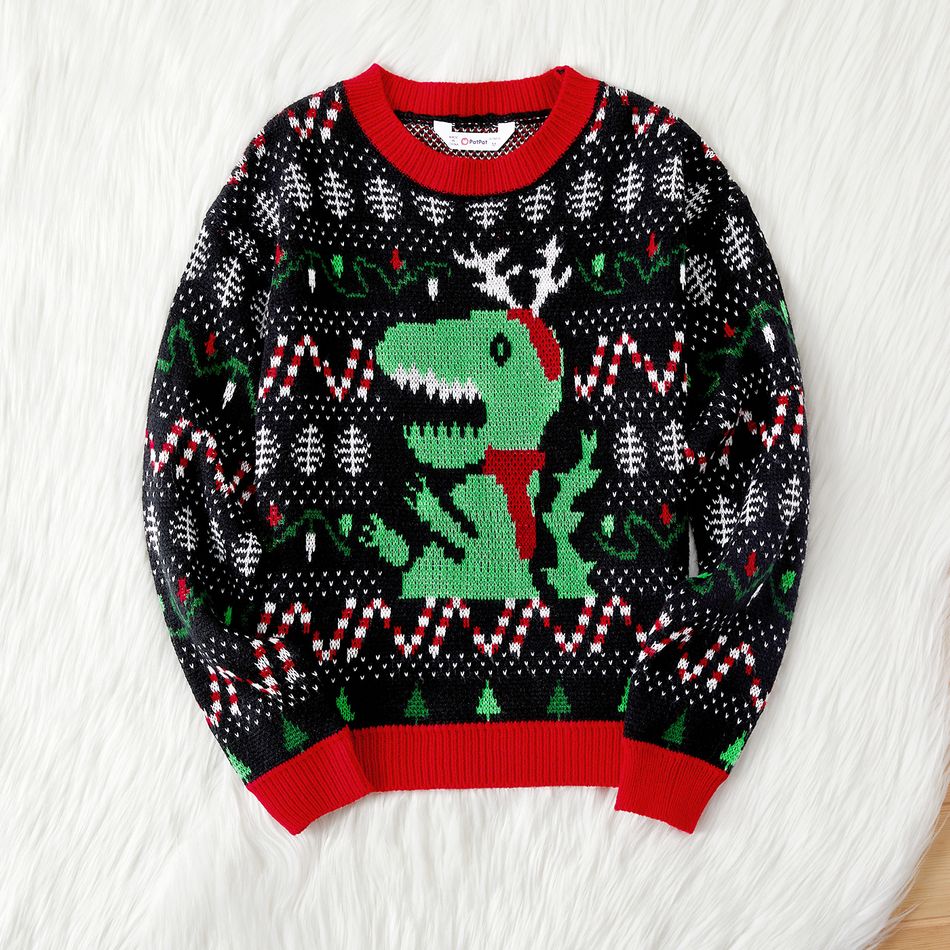 Christmas Dinosaur Graphic Knitted Sweater for Mom and Me Black big image 2