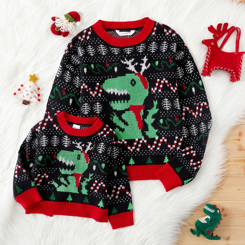 Christmas Dinosaur Graphic Knitted Sweater for Mom and Me Black