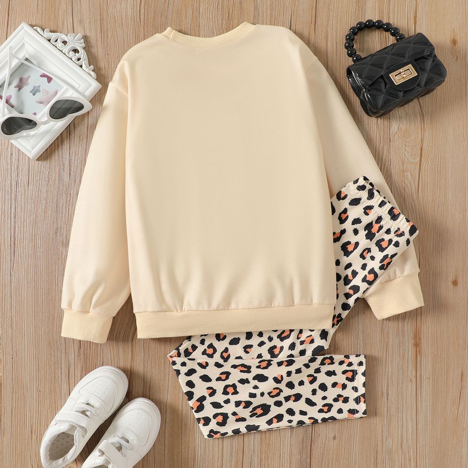 2pcs Kid Girl Leopard Letter Print Sweatshirt and Elasticized Leggings Set Apricot big image 2