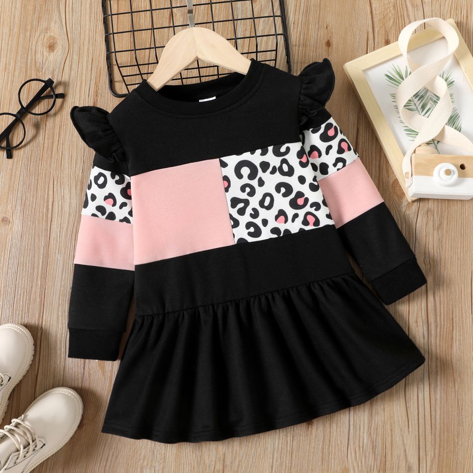 طفلة صغيرة ليوبارد طباعة colorblock تكدرت فستان من النوع الثقيل أسود big image 1