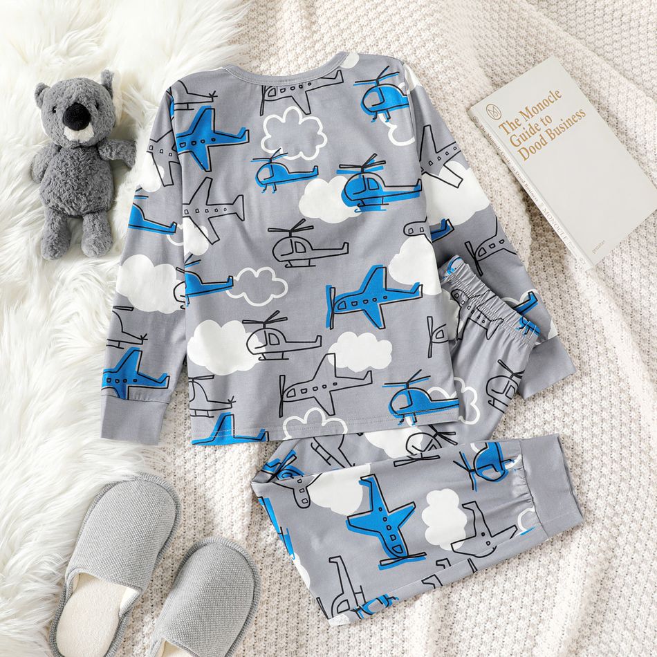 Conjunto de pijama de pijama com estampa de helicóptero de menino de 2 peças de manga comprida e calças Cinza Azul