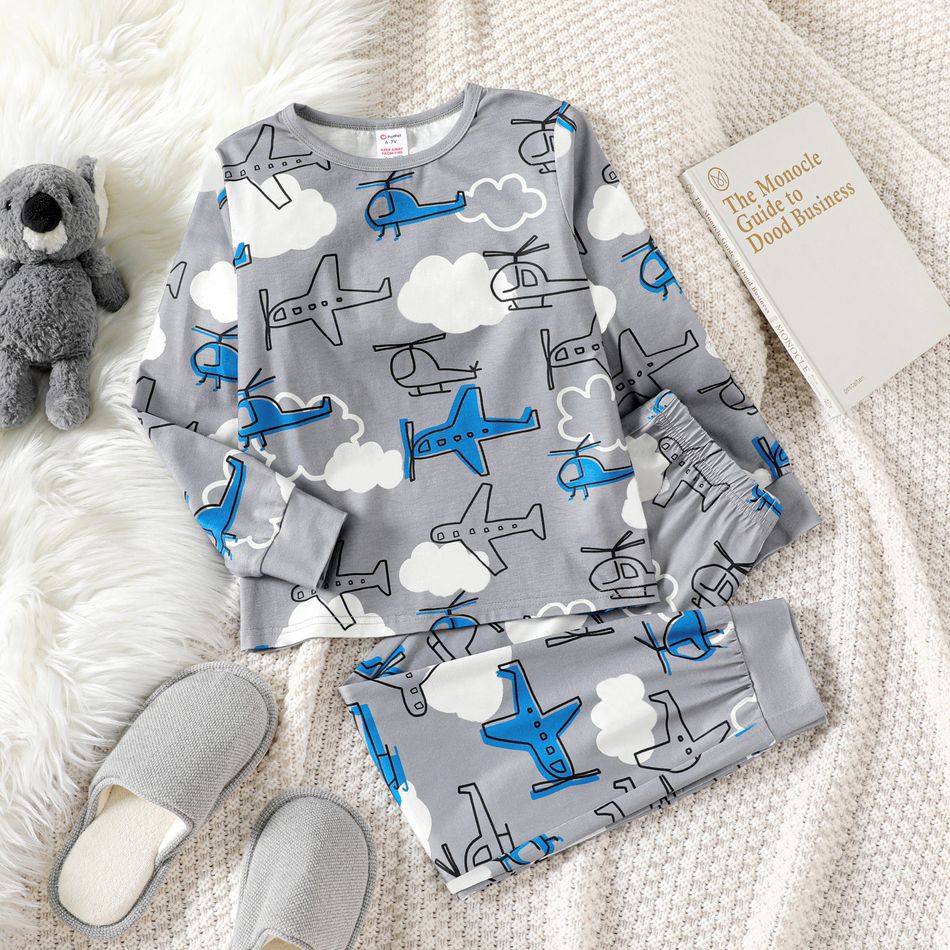 Conjunto de pijama de pijama com estampa de helicóptero de menino de 2 peças de manga comprida e calças Cinza Azul