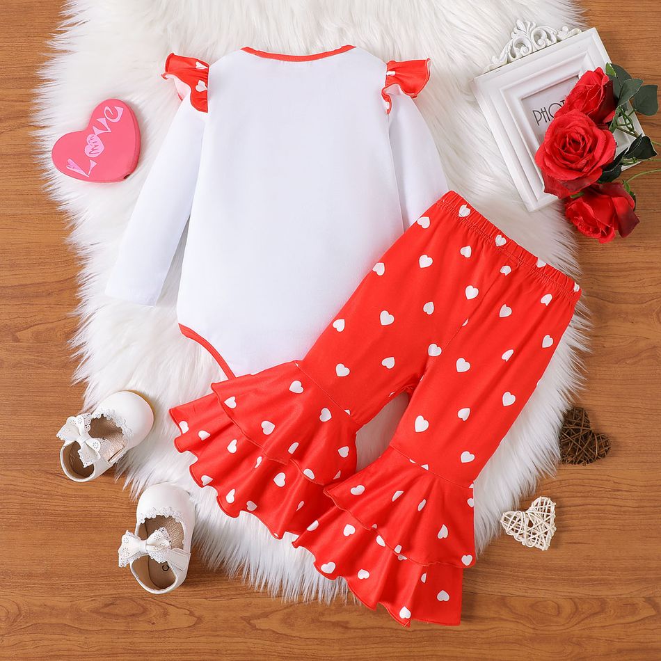 New Year 2pcs Baby Girl Letter Graphic Long-sleeve Romper and Allover Heart Print Layered Ruffle Flared Pants Set REDWHITE big image 2