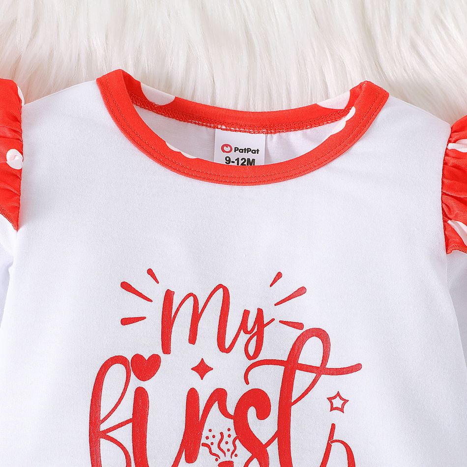 New Year 2pcs Baby Girl Letter Graphic Long-sleeve Romper and Allover Heart Print Layered Ruffle Flared Pants Set REDWHITE big image 3