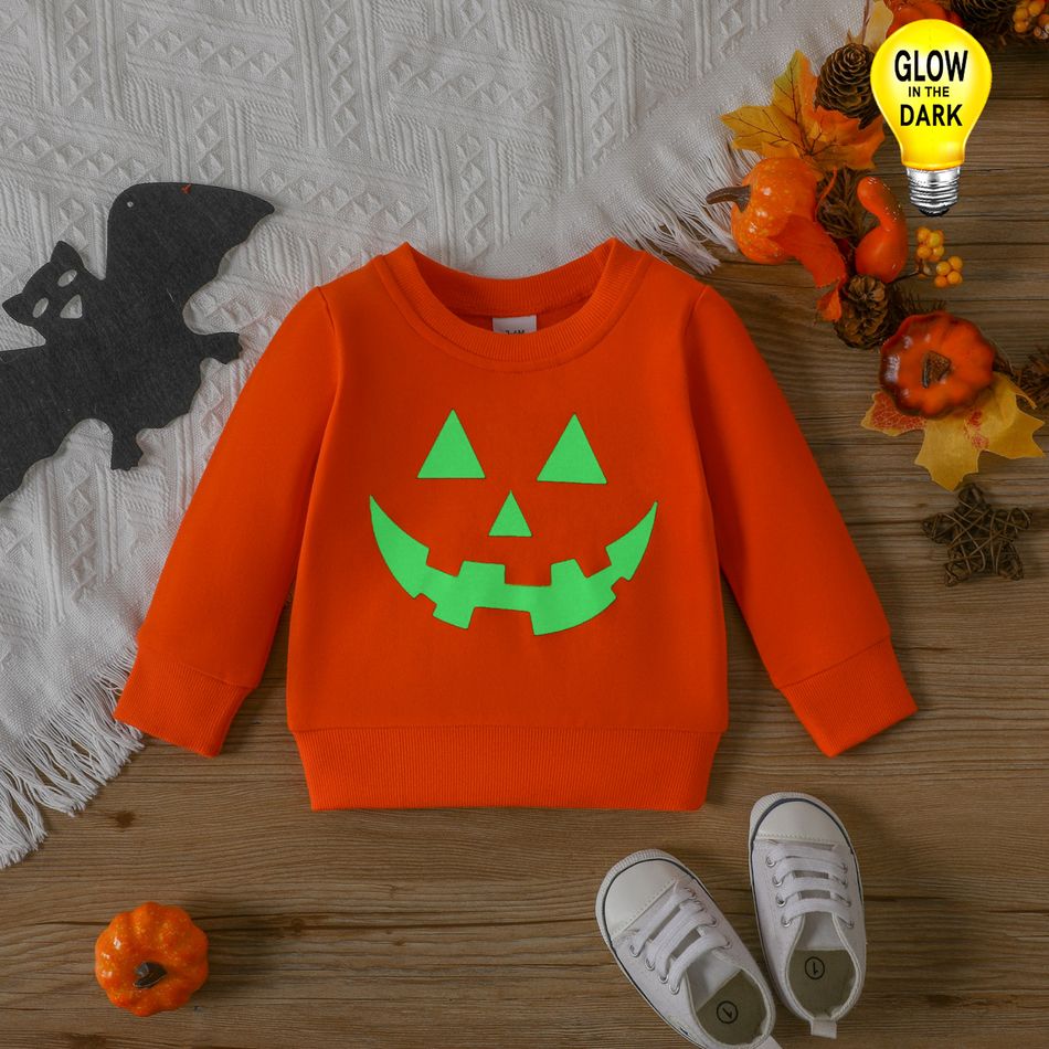 Halloween Baby Boy/Girl 100% Cotton Long-sleeve Glow In The Dark Pumpkin Face Print Sweatshirt orangered big image 4