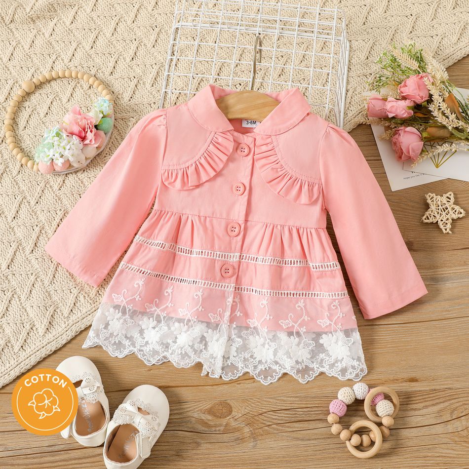 100% Cotton Baby Girl Lace Spliced Ruffle Trim Long-sleeve Single Breasted Coat Pink big image 1