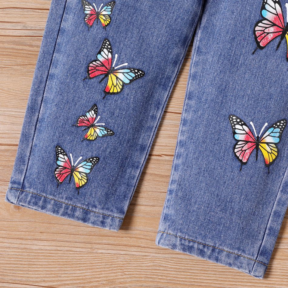 Kid Girl Butterfly Print Elasticized Denim Jeans Blue big image 4