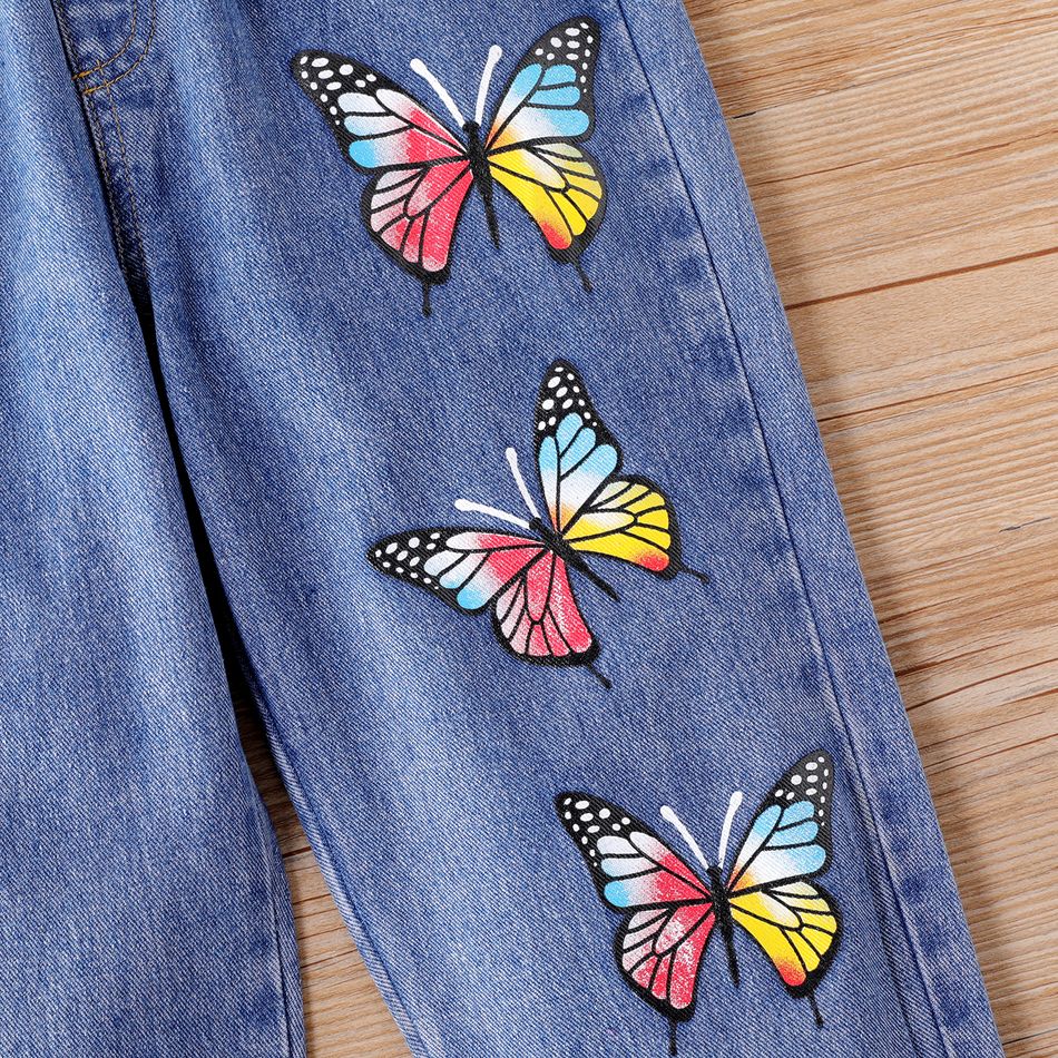 Kid Girl Butterfly Print Elasticized Denim Jeans Blue big image 3
