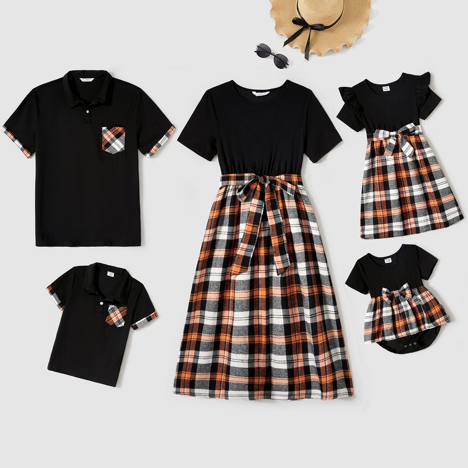 Family Matching Plaid Splicing Black Short-sleeve Dresses and Polo Shirts Sets ColorBlock