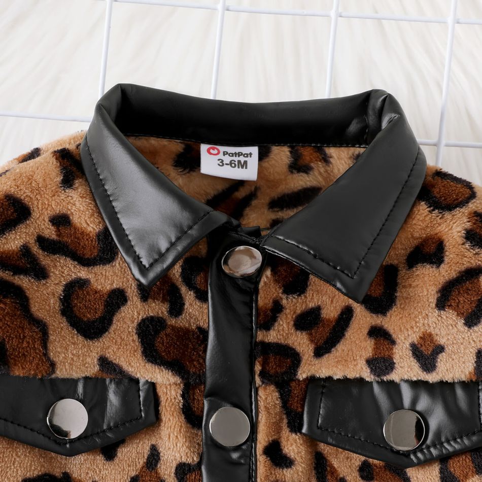 Baby Girl Long-sleeve Leopard Thermal Fuzzy Spliced Faux Leather Jacket Brown big image 5