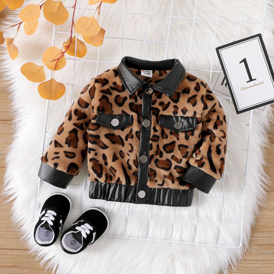 Baby Girl Long-sleeve Leopard Thermal Fuzzy Spliced Faux Leather Jacket Brown big image 1