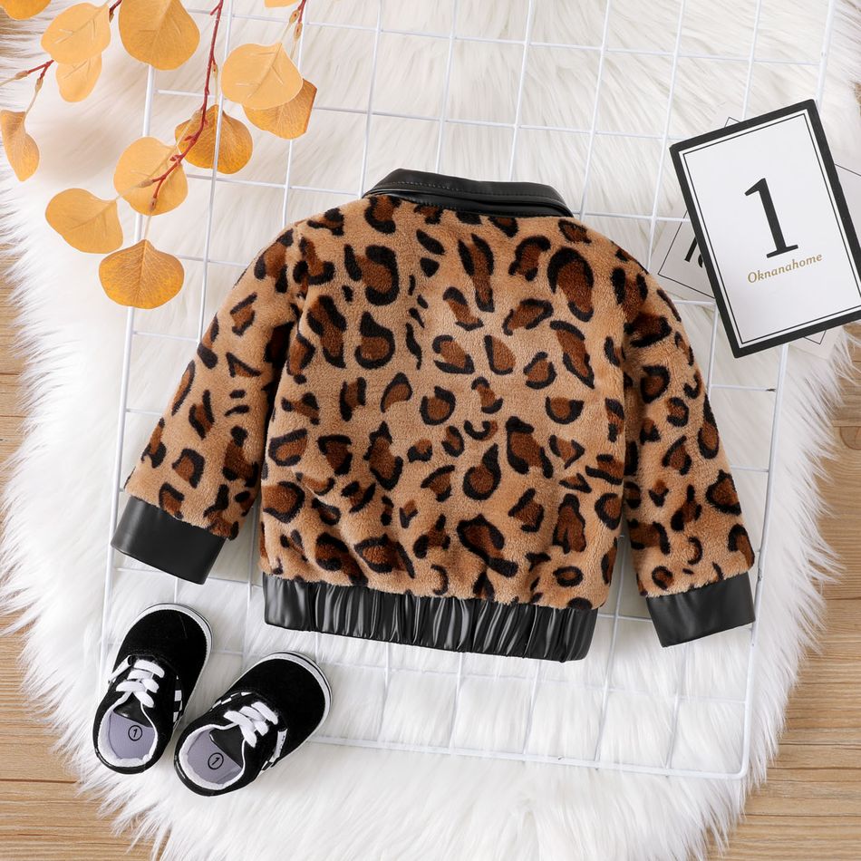 Baby Girl Long-sleeve Leopard Thermal Fuzzy Spliced Faux Leather Jacket Brown big image 2