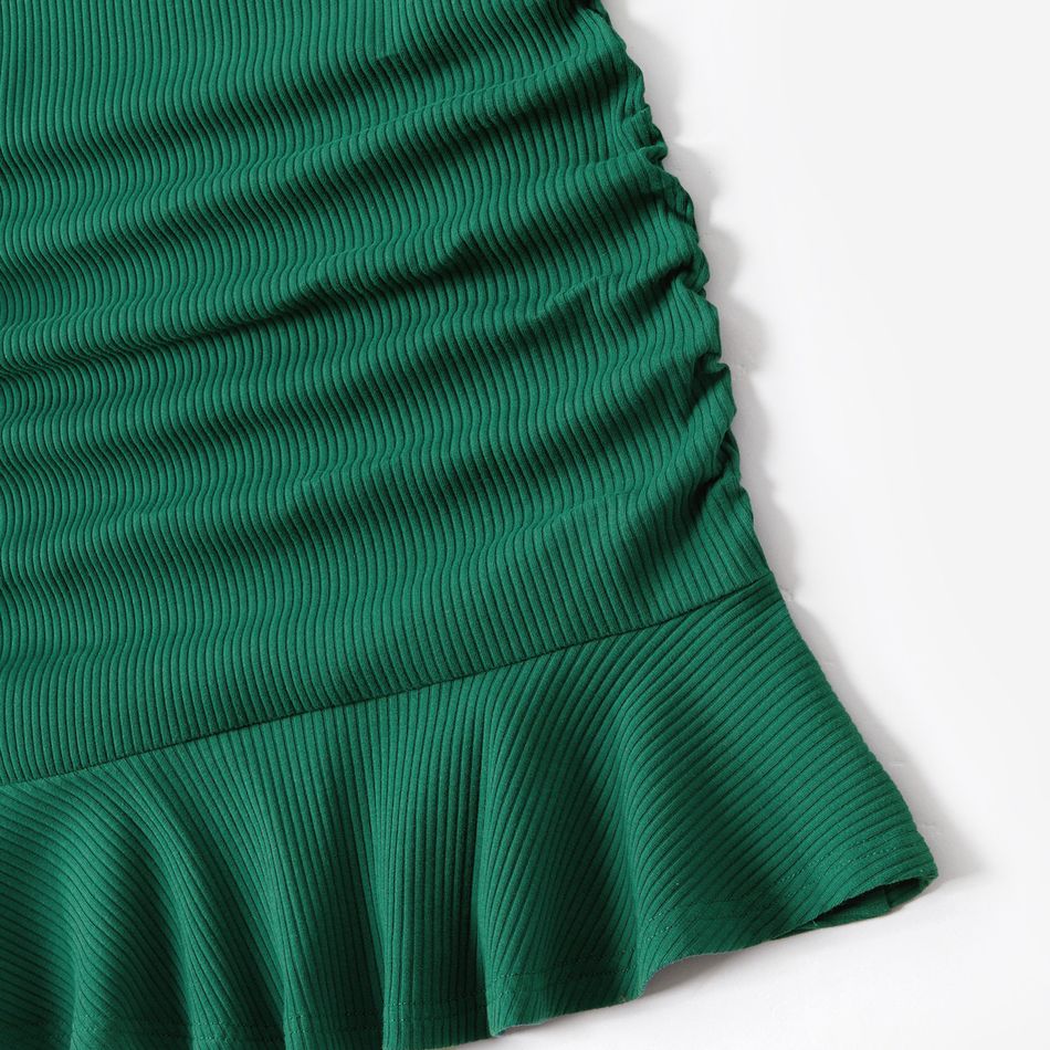 Mommy and Me Dark Green Cotton Rib Knit V Neck Long-sleeve Bodycon Dress blackishgreen
