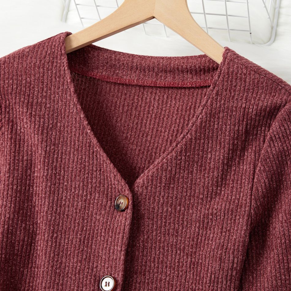 Mommy and Me Solid Rib Knit Long-sleeve Belted Midi Dress Burgundy big image 3