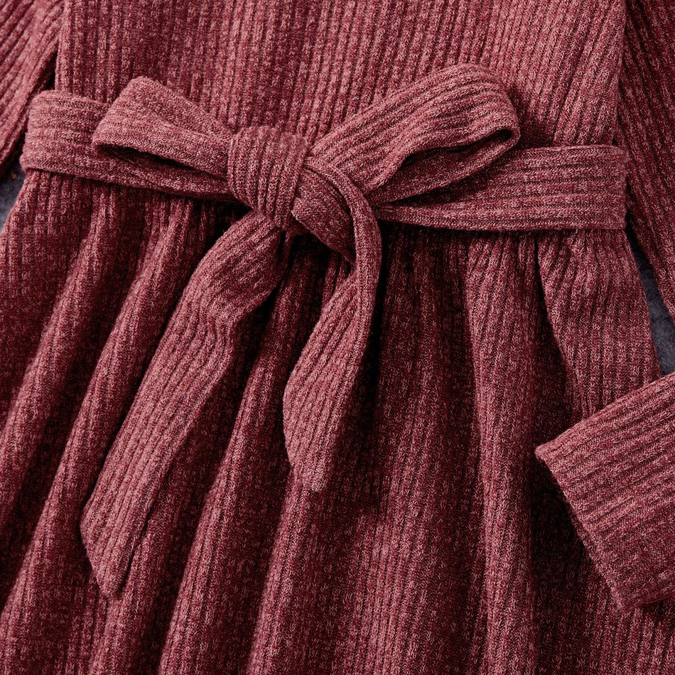 Mommy and Me Solid Rib Knit Long-sleeve Belted Midi Dress Burgundy big image 7
