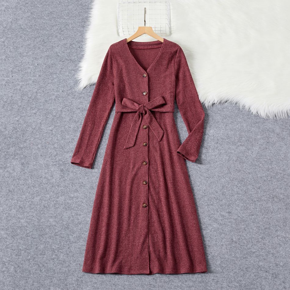 Mommy and Me Solid Rib Knit Long-sleeve Belted Midi Dress Burgundy big image 2