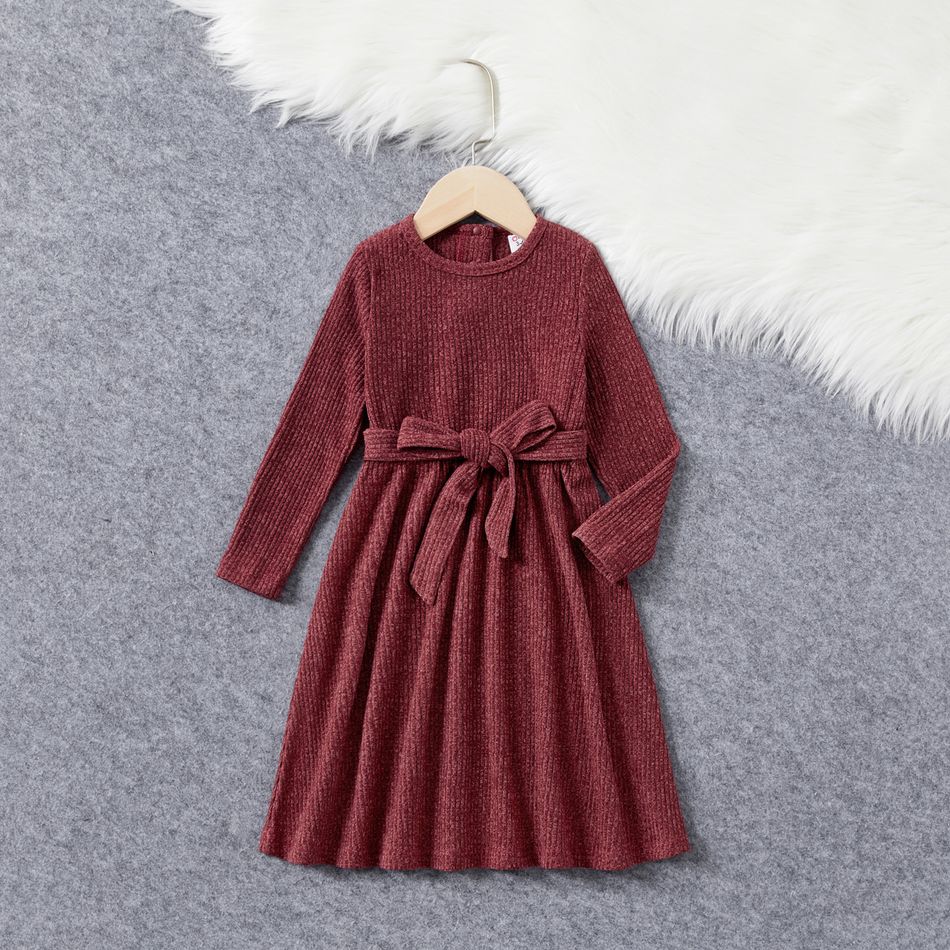 Mommy and Me Solid Rib Knit Long-sleeve Belted Midi Dress Burgundy big image 6