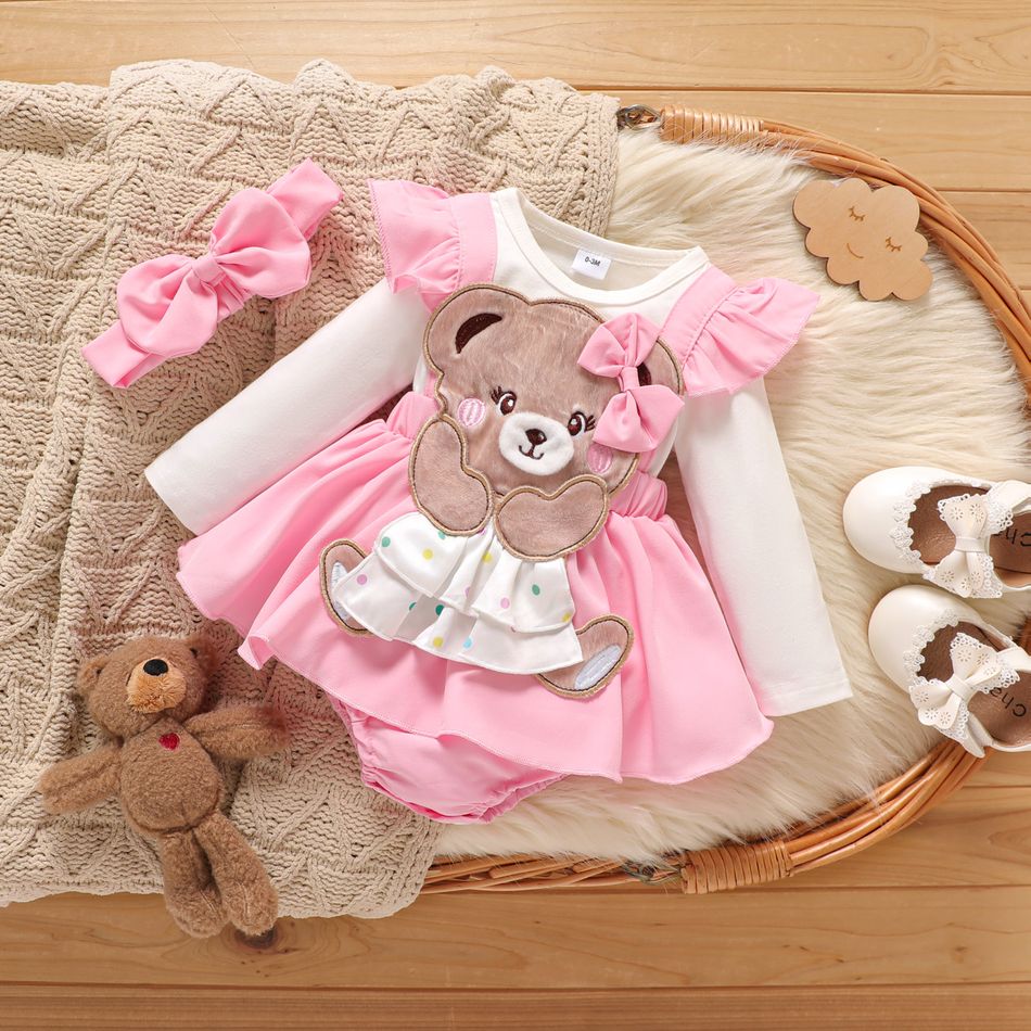 2 unidades Bebé Menina Peça dois em um Urso Bonito Manga comprida Macacão curto Rosa