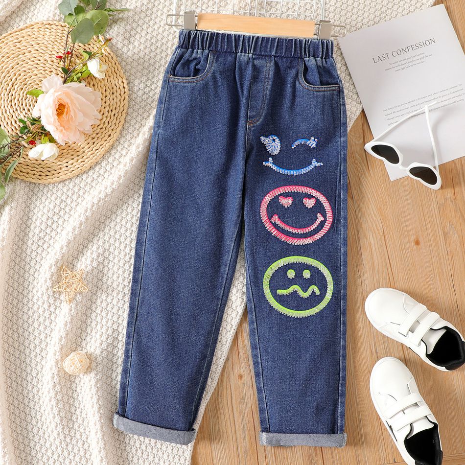 Kid Girl Face Graphic Sequin Embroidered Straight Denim Jeans Deep Blue