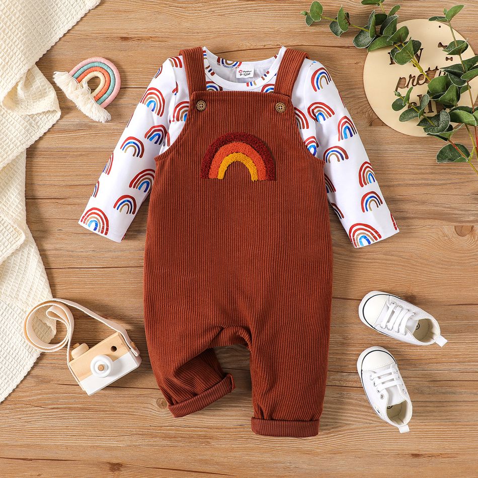 2pcs Baby Boy Allover Rainbow Print Long-sleeve T-shirt and Embroidered Overalls Set Caramel big image 1