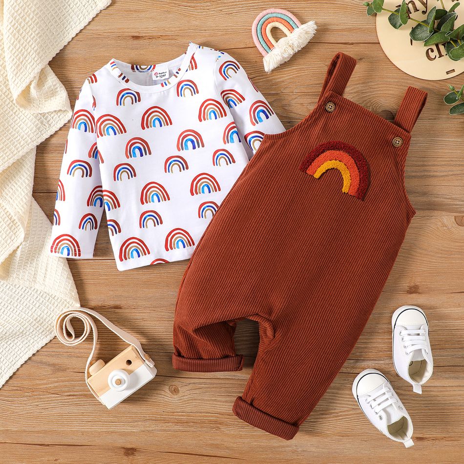 2pcs Baby Boy Allover Rainbow Print Long-sleeve T-shirt and Embroidered Overalls Set Caramel big image 2