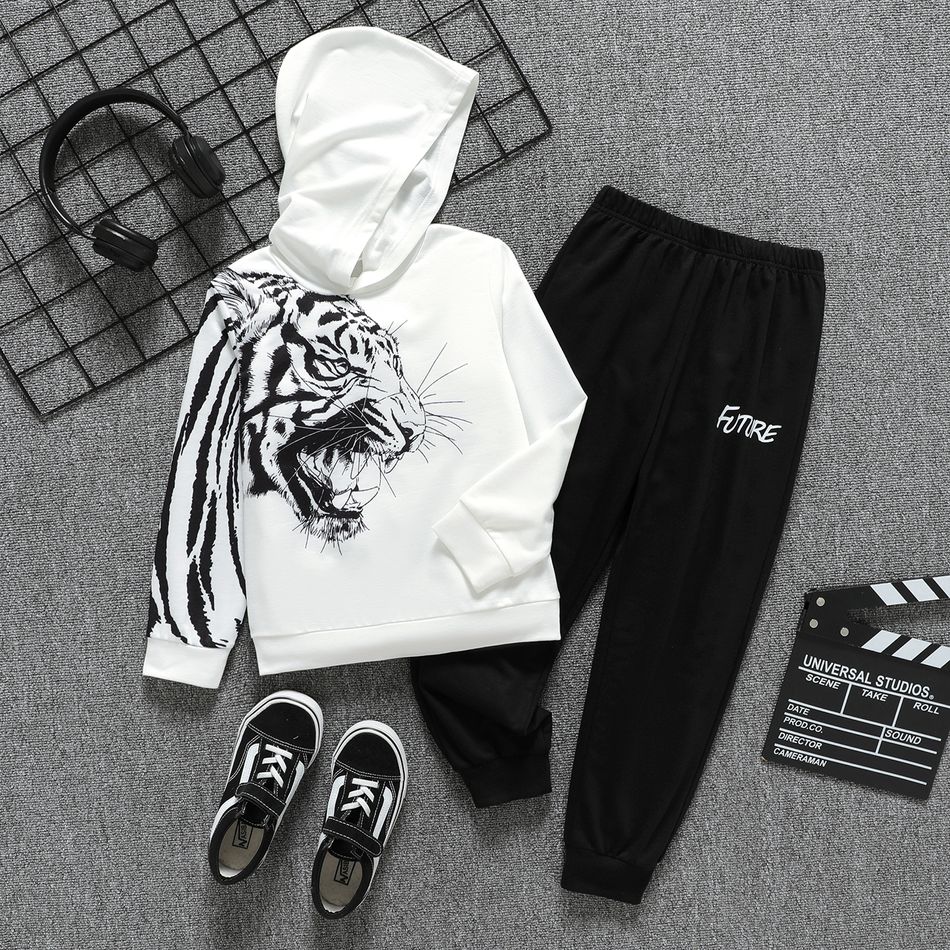 2pcs Kid Boy Tiger Print Hoodie Sweatshirt and Letter Print Pants Set White big image 1