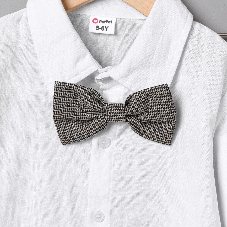 2 pcs criança menino gola de lapela design gravata borboleta camisa branca e calças houndstooth conjunto de festa Branco