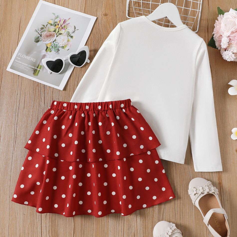 2pcs Kid Girl Heart Embroidered White Tee and Polka dots Layered Skirt Set White big image 5
