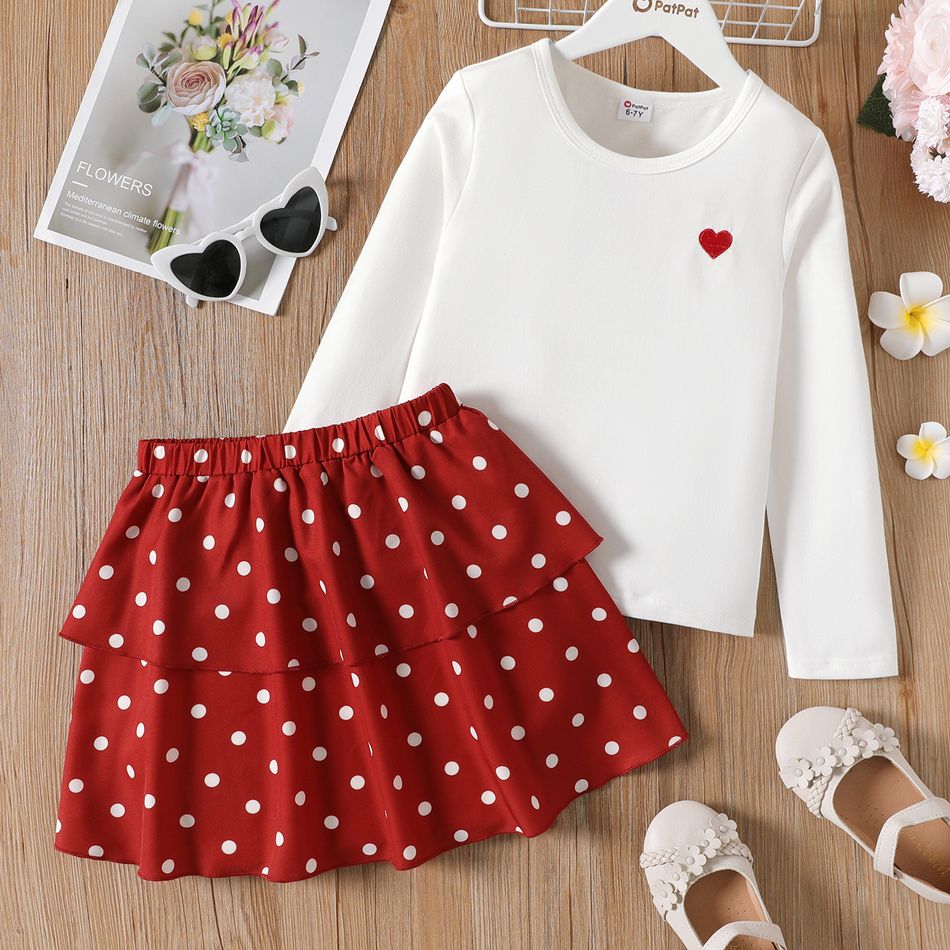 2pcs Kid Girl Heart Embroidered White Tee and Polka dots Layered Skirt Set White