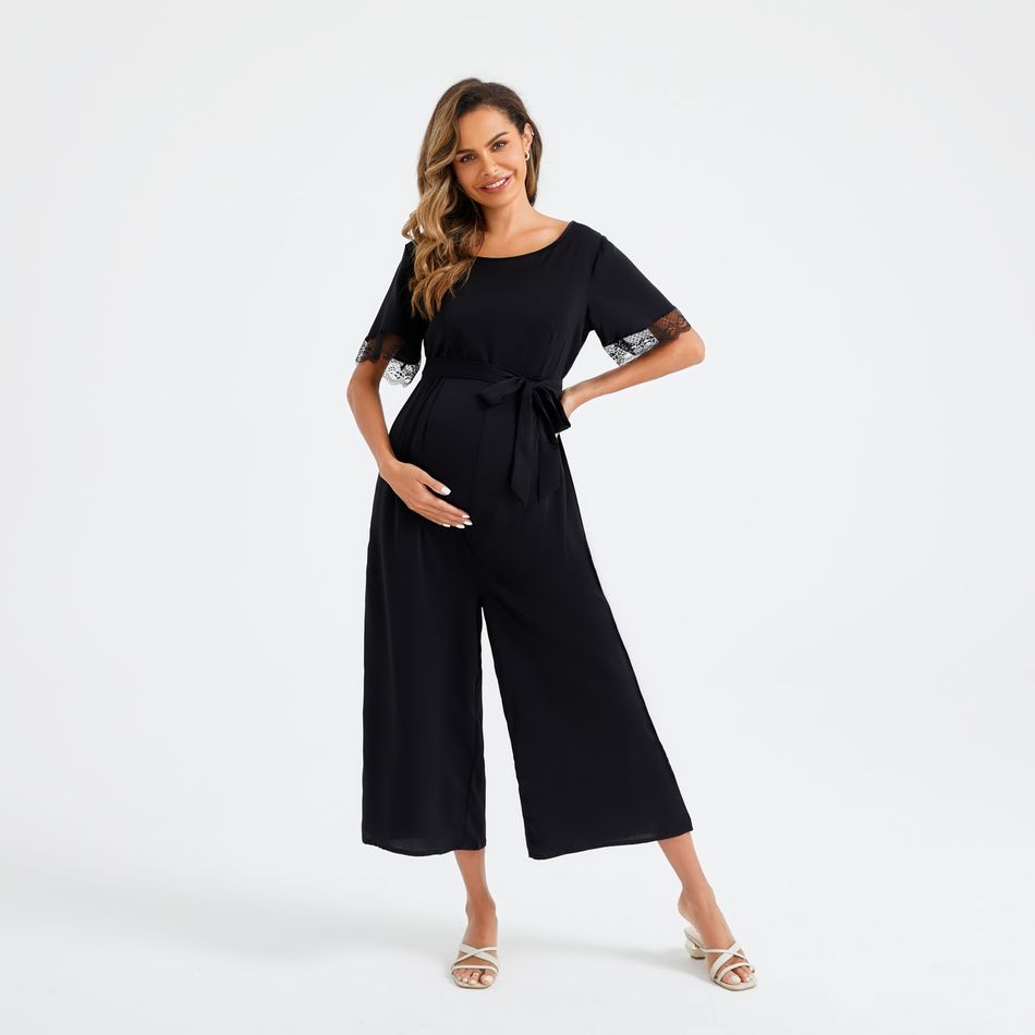 Maternity Lace Trim Short-sleeve Belted Jumpsuit Black