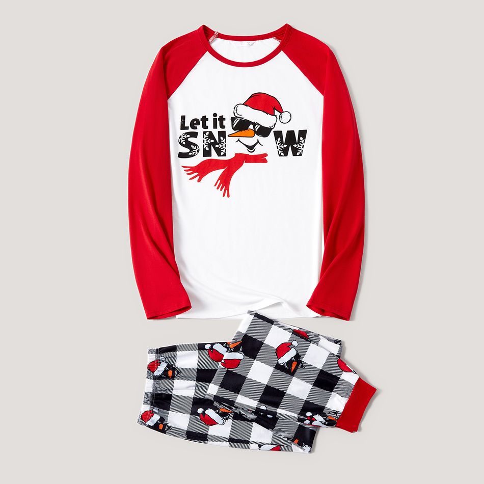Christmas Family Matching Snowman & Letter Print Red Raglan-sleeve Plaid Pajamas Sets (Flame Resistant) Red big image 3
