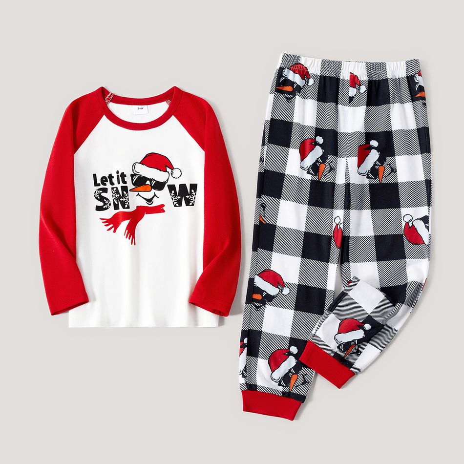 Christmas Family Matching Snowman & Letter Print Red Raglan-sleeve Plaid Pajamas Sets (Flame Resistant) Red big image 10